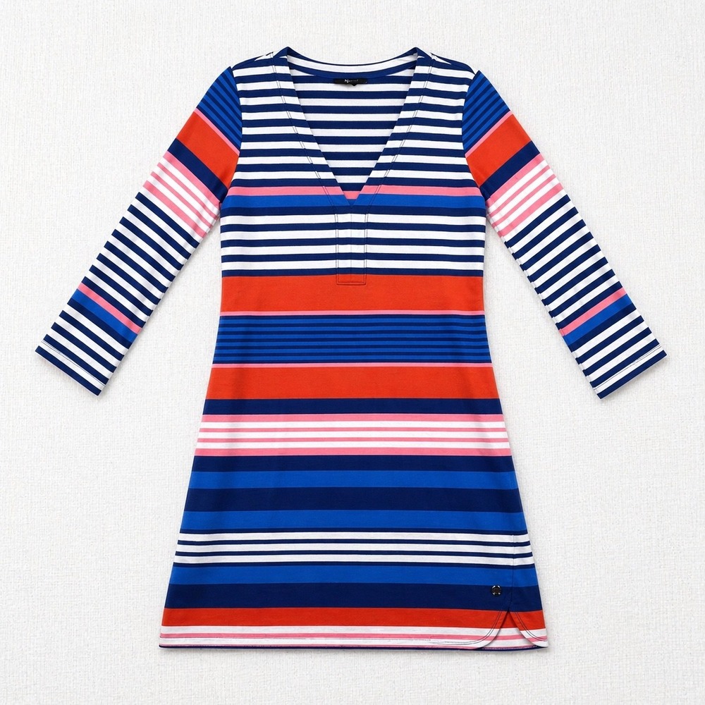 Hatley Women Blue Orange Pink Striped V-Neck 3/4 Sleeve Jersey Shift Dress L